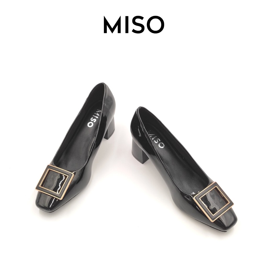 Giày cao gót công sở nữ basic da bóng mũi vuông trendy gót trụ phối khoá 7cm MISO M014