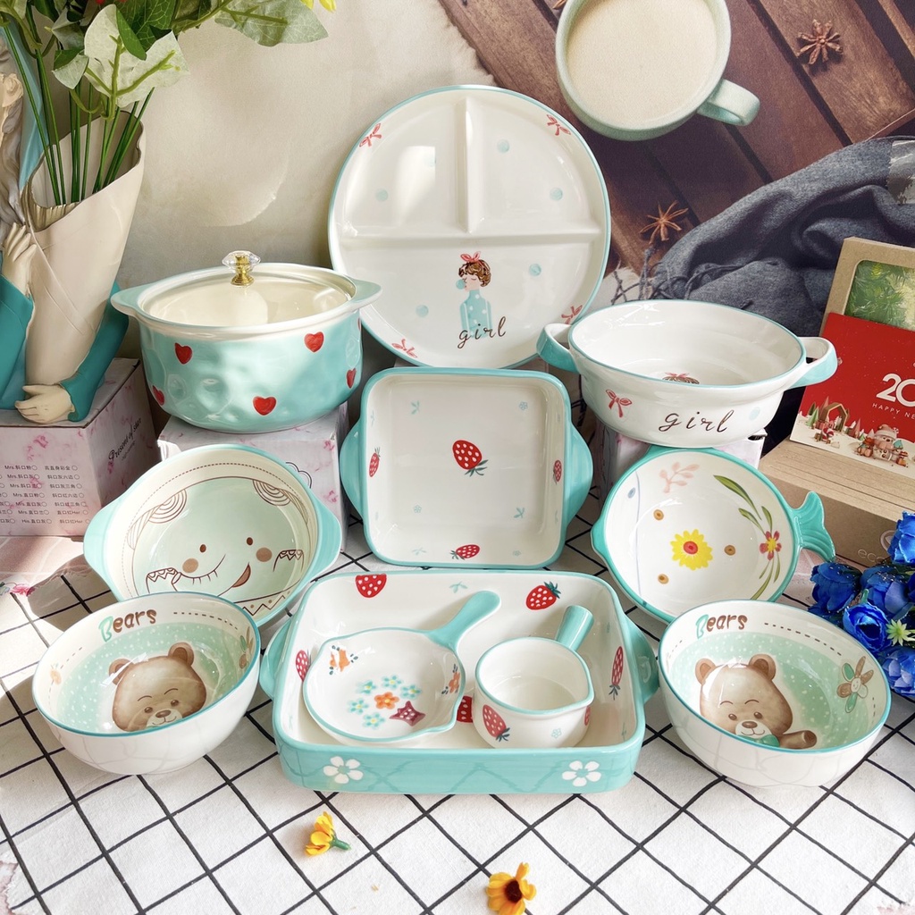 Bộ bát đĩa gốm sứ decor trang trí đồ ăn bộ xanh mint 11 món siêu đẹp