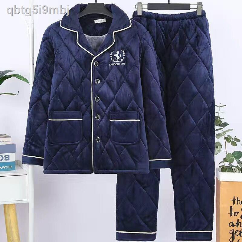 Bộ đồ ngủ nam mùa đông dày ba lớp cộng với nhung chần bông flannel màu xanh cho người trung niên và cao tuổi rờ