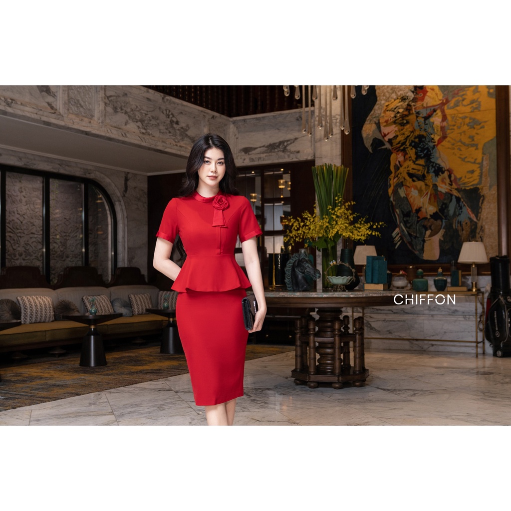 Set vest ký giả cao cấp cổ phối nơ hoa thiết kế Chiffon