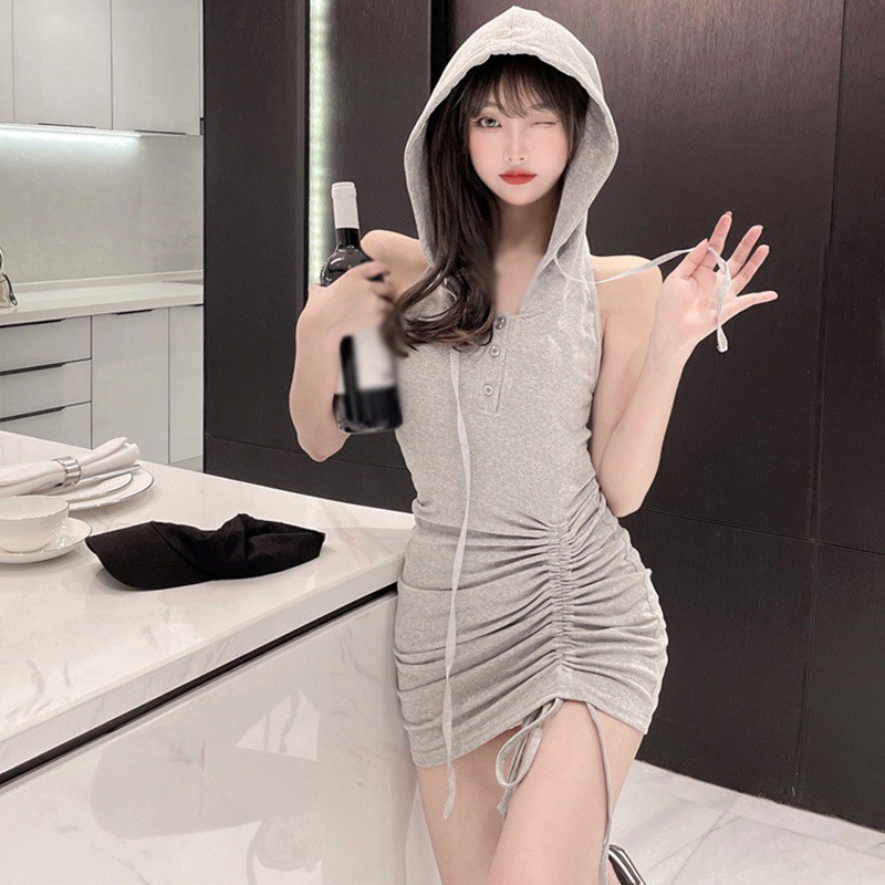 Đầm Thể Thao Sát Nách Dáng Ôm Có Mũ Trùm Đầu Màu Trơn Phong Cách Hàn Quốc Cho Nữ