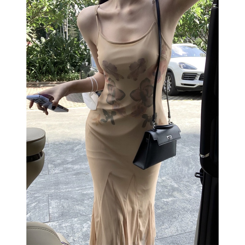 Đầm maxi Hai Dây Phối Lưới In Họa Tiết Thời Trang Xinh Xắn Cho Nữ