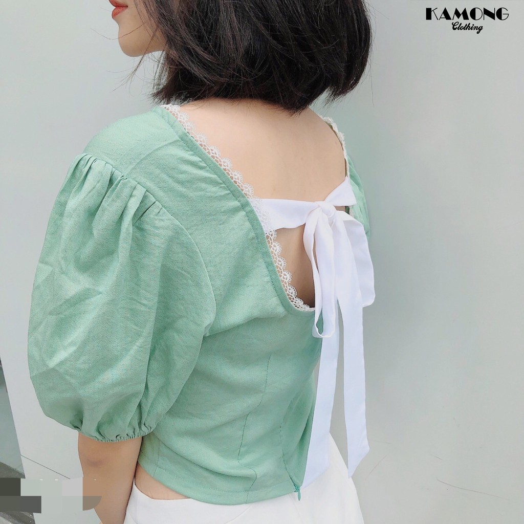 Áo croptop nơ lưng trắng phối ren KAMONG A075