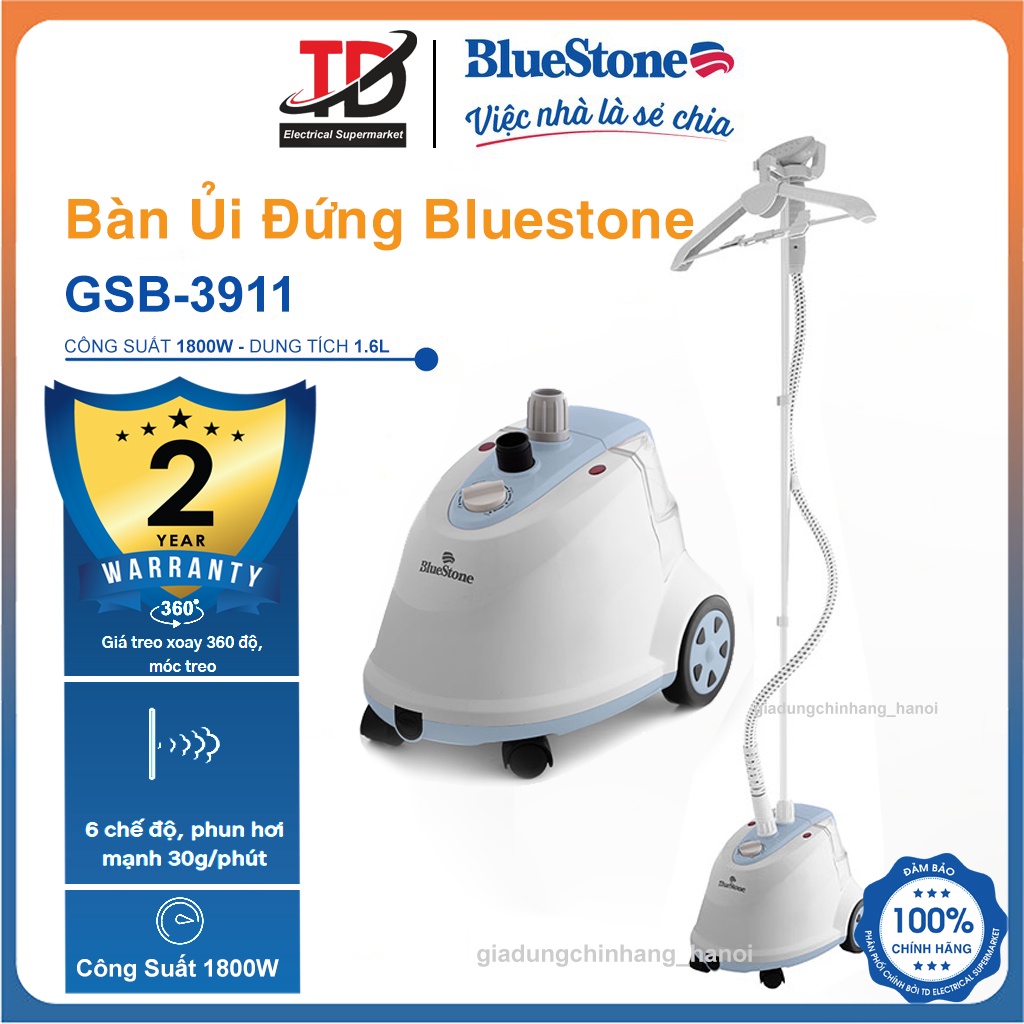 Bàn Ủi Hơi Nước Đứng BlueStone GSB-3911 (1800W) bình chứa nước dung tích lớn 1.6L với giá treo xoay 360 độ