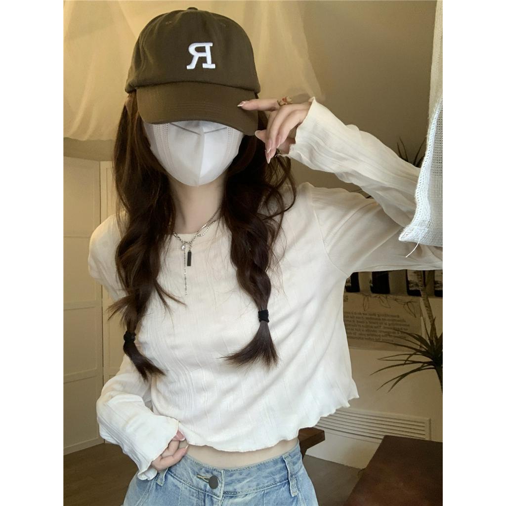 Áo Thun Tay Dài Cổ Tròn Gợn Sóng Màu Trơn Viền Gỗ Gợn Sóng Phong Cách Vintage
