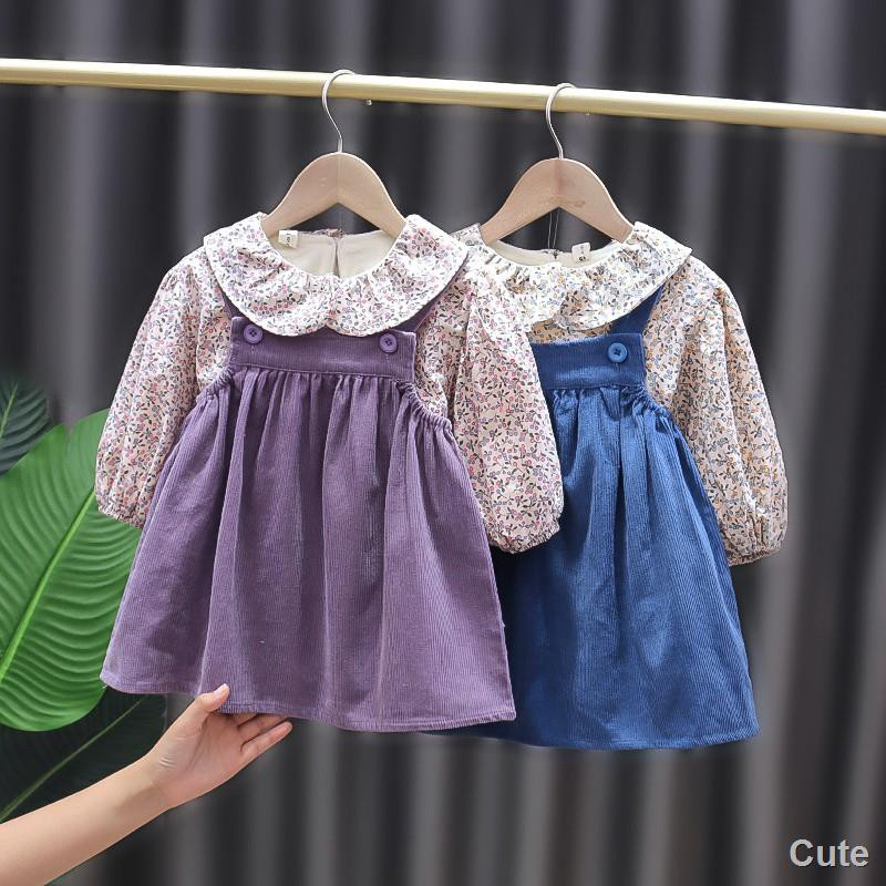 ■✓Set Đầm Yếm Lót Nhung In Hoa Xinh Xắn Cho Bé Gái 1-4 Tuổi