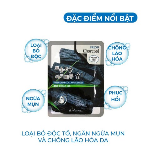 Mặt nạ giấy dưỡng trắng da giảm mụn thải độc chiết xuất than hoạt tính 3W Clinic Hàn Quốc 23ml