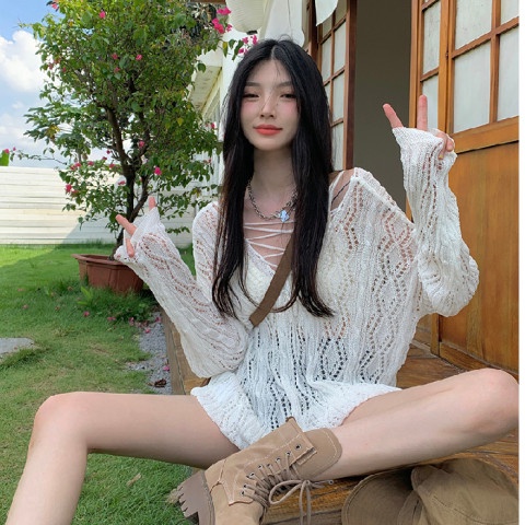 Áo dệt kim ZHELIHANGFEI tay dài dáng rộng chống nắng thời trang đi biển trẻ trung