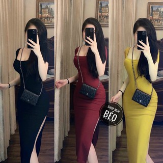 Image of [New Model] Square Neck Short Sleeve Body Dress Split 1 Side Thigh Elastic Material Suitable For Wearing To Work Out
