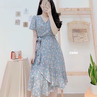 Đầm nữ họa tiết hoa nhí cổ v eo thắt nơ chân váy chéo ly thời trang nữ