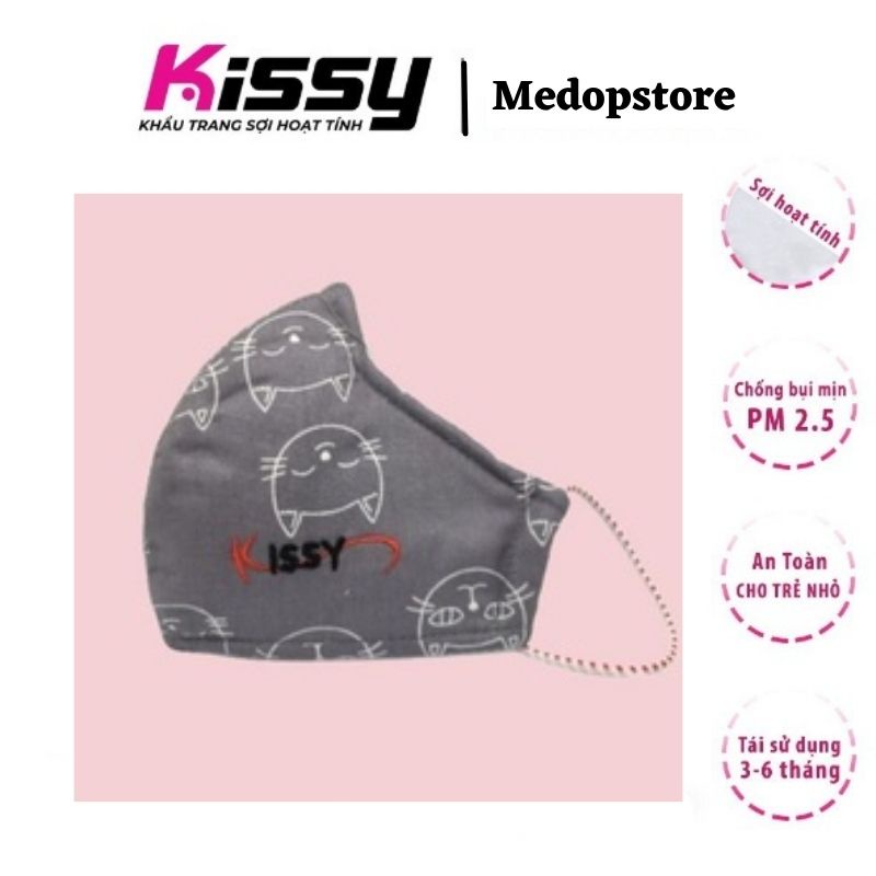 Khẩu Trang Kissy Trẻ Em Từ 4 Đến 10 Tuổi Chống Bụi Mịn - Họa Tiết Mèo Xám