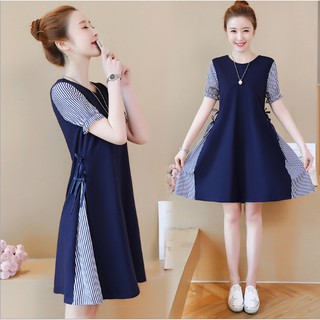Đầm Bầu Kẻ Sọc Xanh Eo Thắt Nơ