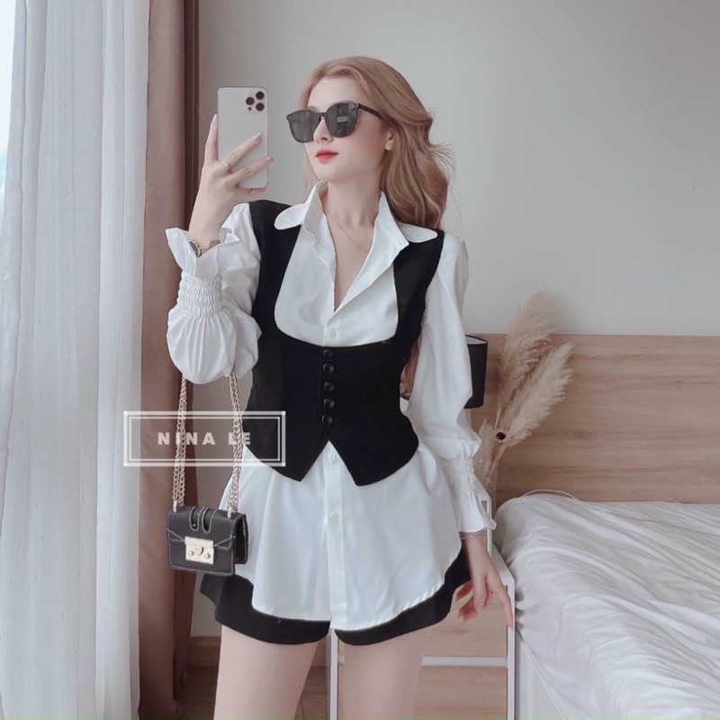 (SHOP BIGSIZE NỮ 50kg đến 90kg) Set áo sơ mi kèm áo khỉ phối cùng quần đùi