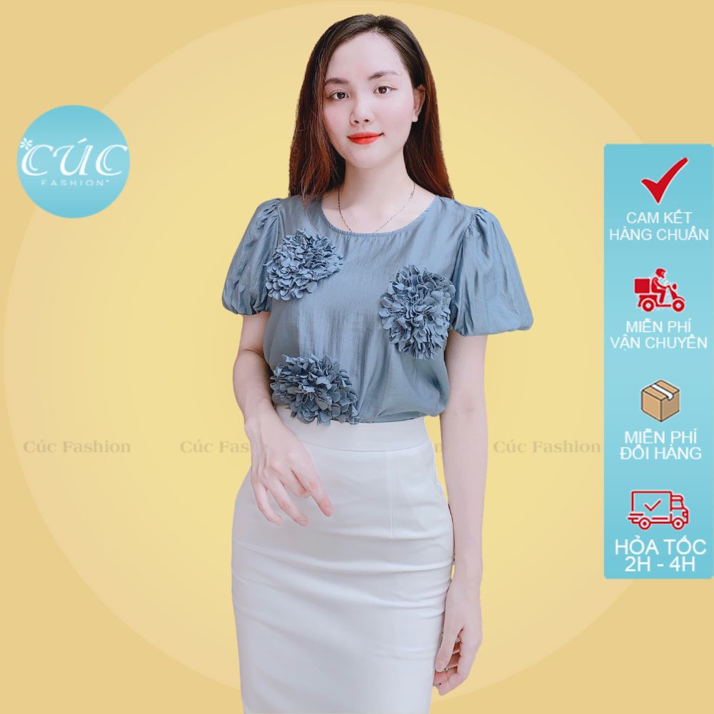 Áo sơ mi nữ CÚC FASHION somi cao cấp ba hoa to thời trang công sở dễ thương trắng áo 3 hoa to A1203