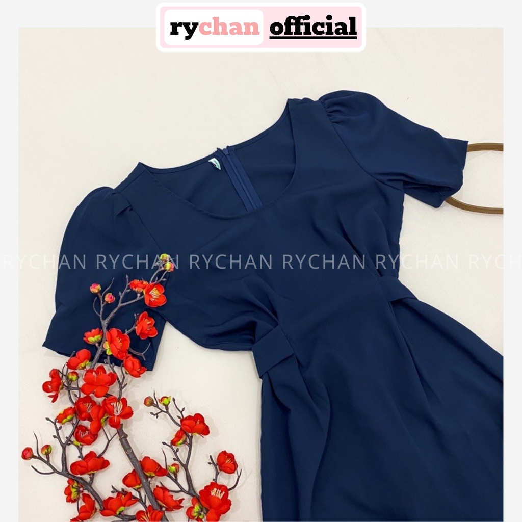 Đầm Nữ Dự Tiệc Sang Trọng Cổ Tròn Tay Phồng Thắt Eo Nơ Sau Màu Xanh Đen Cực Tôn Da [ẢNH THẬT CUỐI] - DX9928