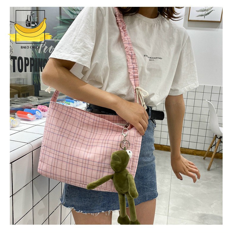 Túi đeo chéo dây rút caro vải canvas [CÓ KHÓA &amp; TÚI CON] - Phong cách Ulzzang Hàn quốc
