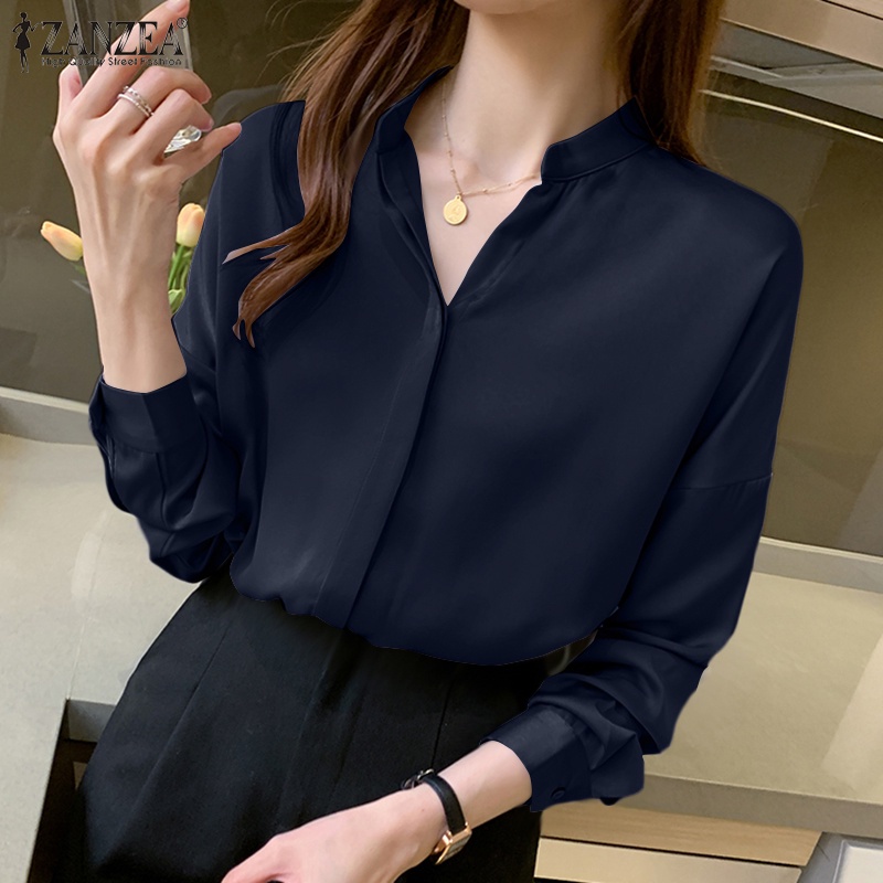 Áo kiểu ZANZEA có ve áo và nút gài tay dài màu trơn đơn giản thời trang phong cách Hàn Quốc cho nữ