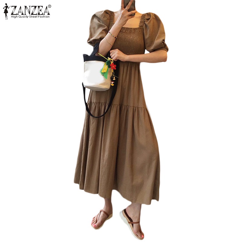 Đầm maxi ZANZEA tay ngắn ống phồng dáng rộng cổ vuông phối viền xếp nếp thanh lịch cho nữ