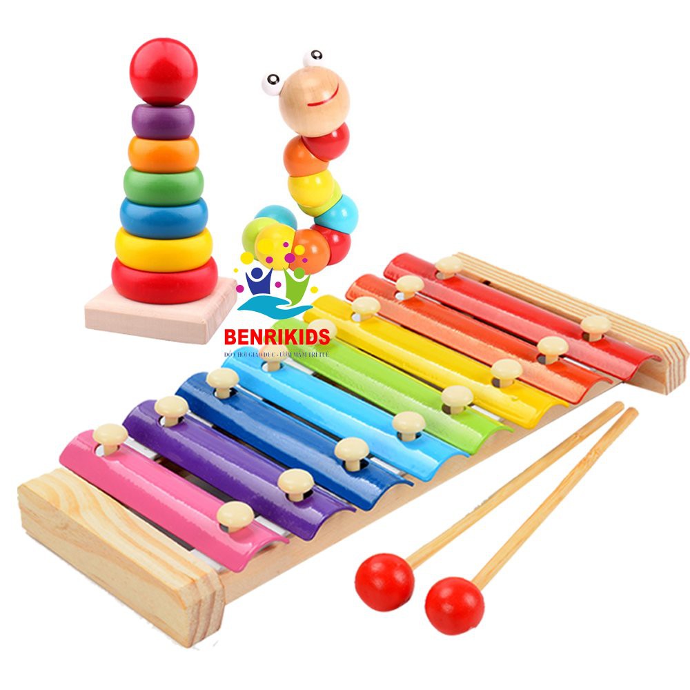 Combo Đồ Chơi Giáo Dục, Xếp Tháp Cầu Vồng,Đàn 8 Quãng ,Con Sâu Uốn Dẻo
