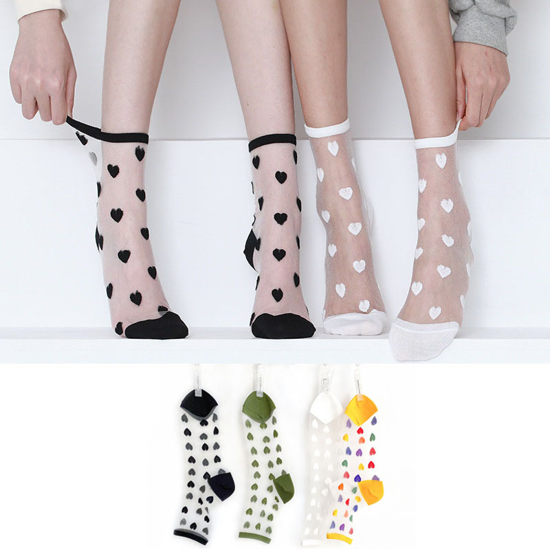 Vớ vải lưới nylon họa tiết trái tim siêu mỏng cao ngang bắp chân dành cho nữ