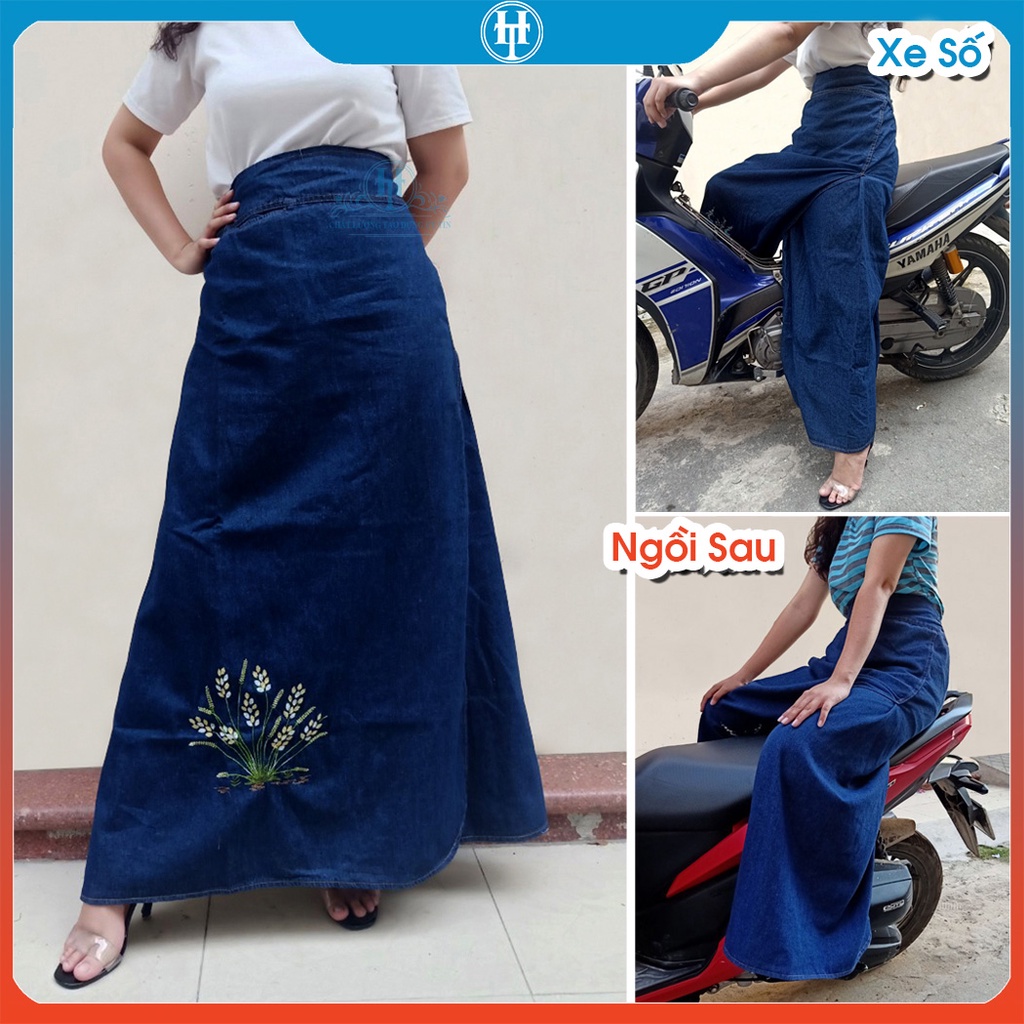 Váy Chống Nắng Xẻ Tà Cao Cấp Chất Vải Jean Dày Mềm Có Nút Bấm Chắc Chắn Chống Tia UV Tốt Thêu Họa Tiết H&T Fashion