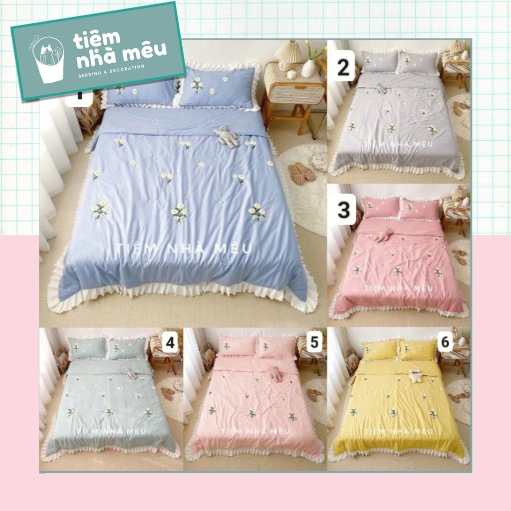 ( Hàng Siêu Hot )Bộ Chăn Ga Gối Cotton Đũi Bèo Thêu Hoa Cúc Siêu Mềm Mịn Hàng Loại 1 Cao Cấp Nhập Khâu