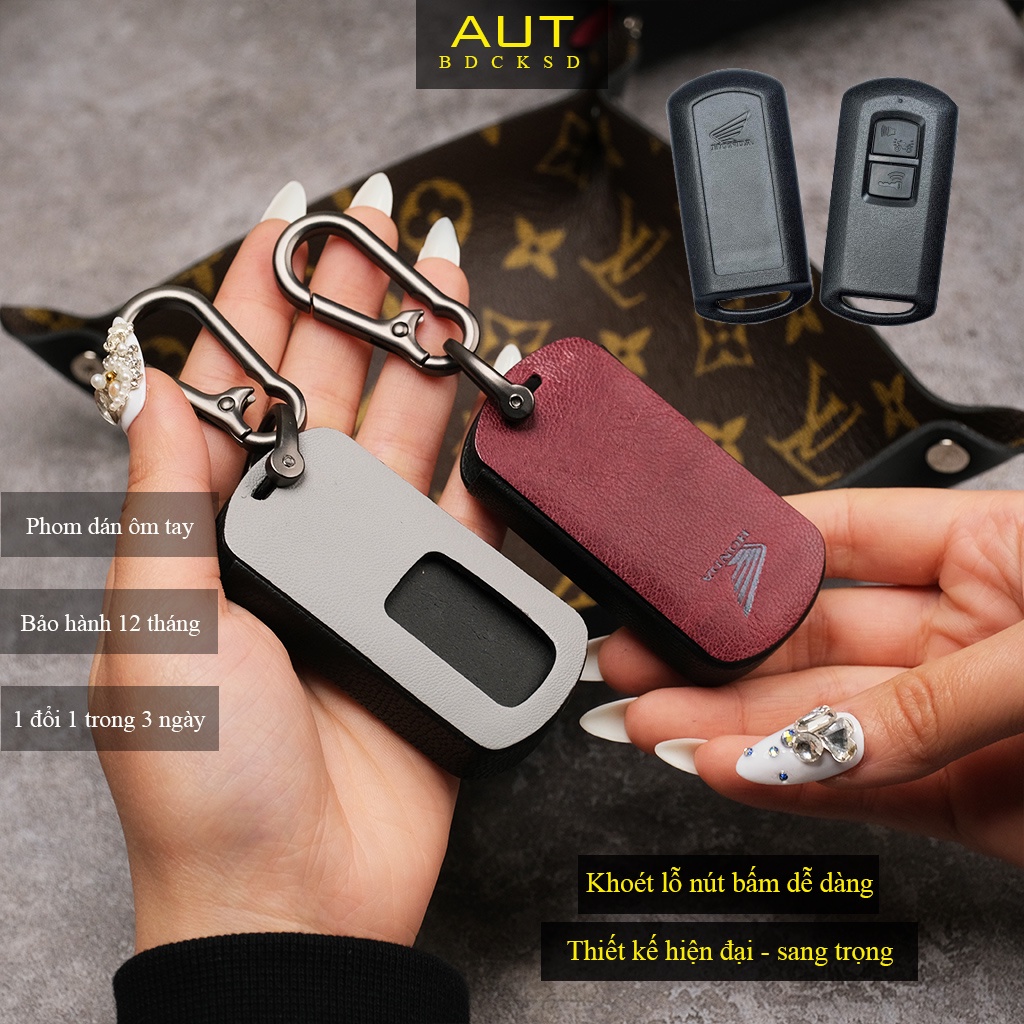 Bao da bảo vệ chìa khoá Smartkey AB Air Blade Honda Lead Vision Vario Click da bò khâu tay ABKV CD có tay cầm