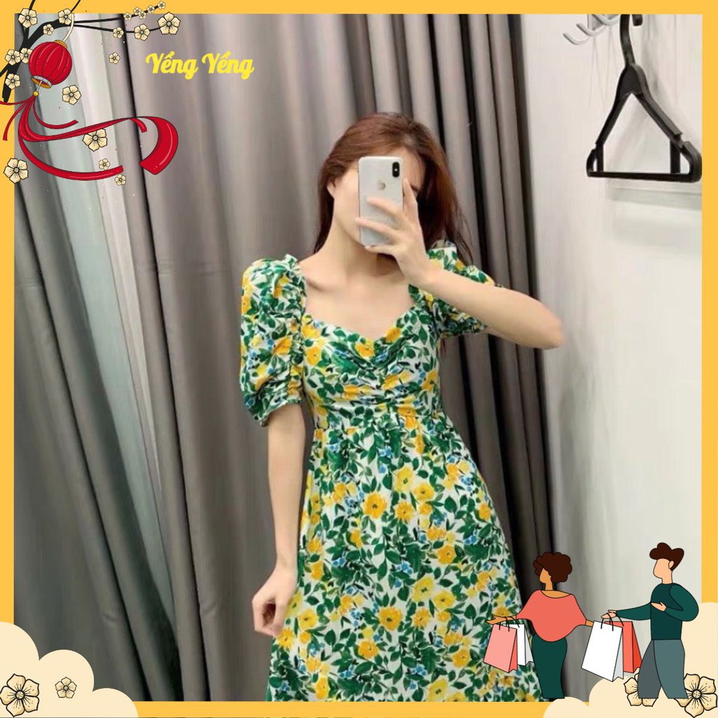 VNU241 - VÁY MAXI DÚM NGỰC HOA VÀNG LÁ XANH ĐUÔI CÁ