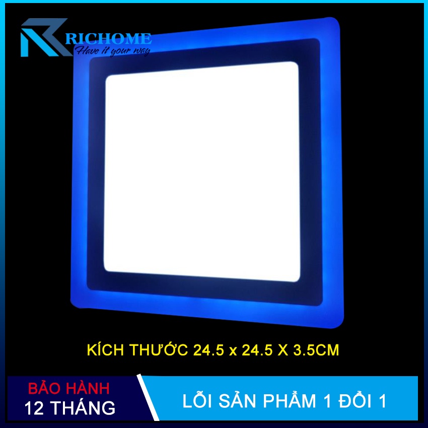 Đèn ốp trần, đèn led ốp trần nổi 24w 2 màu 3 chế độ thiết kế vuông thay đổi ánh sáng theo mỗi lần bật tắt công tắc chính