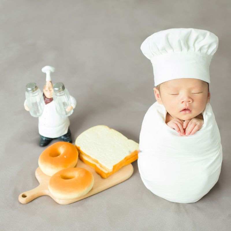 Mũ Đầu Bếp Nhỏ Co Giãn Màu Trắng Dùng Làm Đạo Cụ Chụp Ảnh Cho Bé Sơ Sinh
