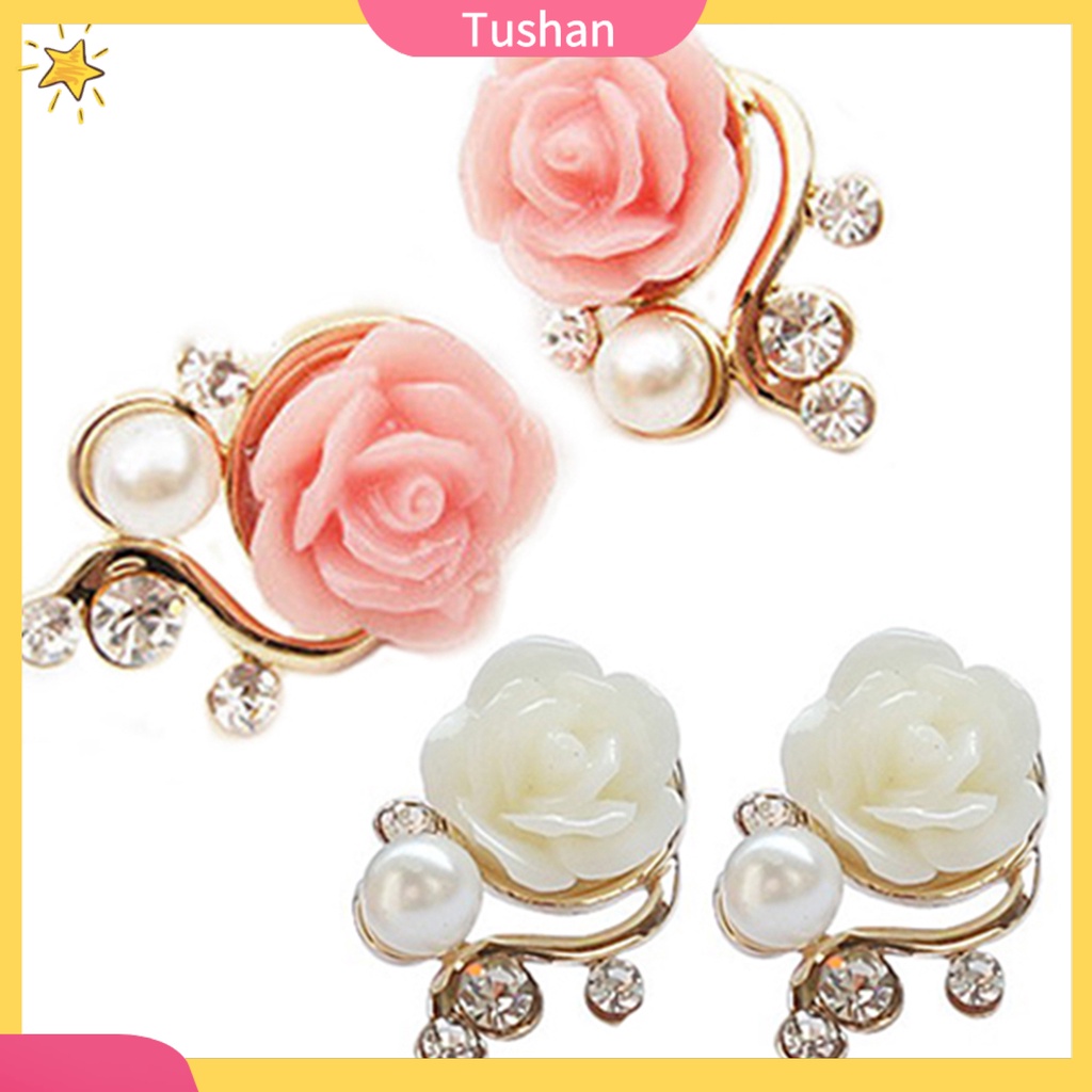 Bông tai hình hoa hồng đính kim cương và ngọc trai giả phong cách Hàn Quốc ngọt ngào cho nữ