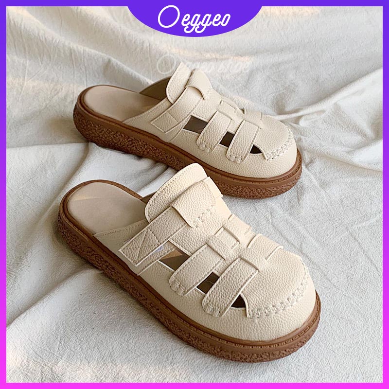 Oeggeo shop Đôi dép phẳng tròn đầu tròn Giày phụ nữ trang
