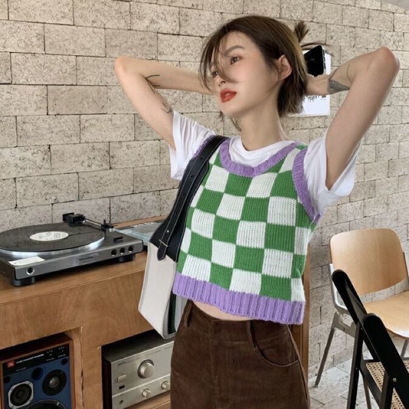 Áo Gile Len Kẻ Caro Phối Viền Hàn Quốc Cộc Tay Dáng Croptop