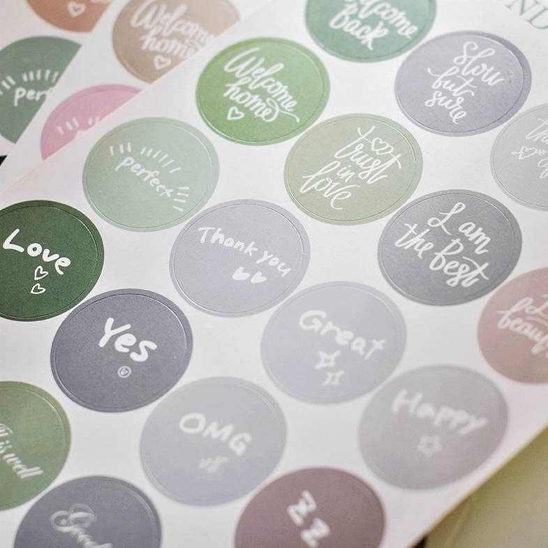 Sticker tròn in chữ viết phong cách Calligraphy, nhãn dán nhiều màu sắc pastel dễ thương trang trí thiệp, sổ tay