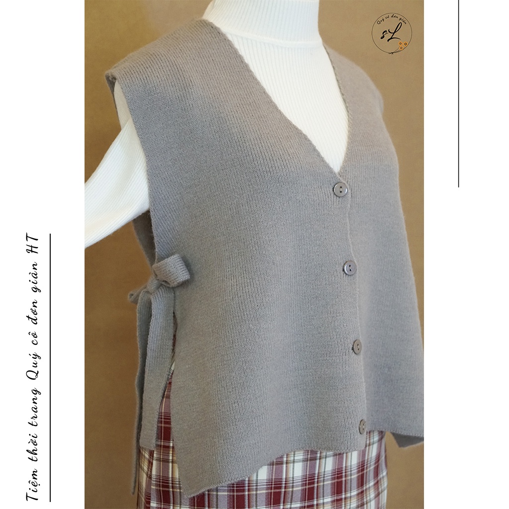 Áo gile nữ, cổ tim, phối cúc và dây thắt nơ 2 bên, chất len mịn, dày dặn, dễ phối đồ mã A1184