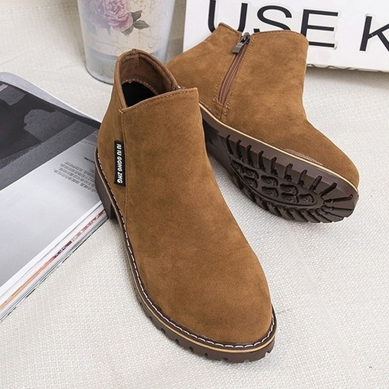 Giày bốt cổ ngắn đế bằng vải nhung phong cách Anh Quốc size 35-40 cho nữ