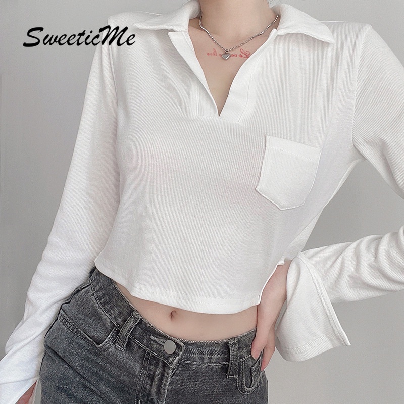 Sweeticme Áo Thun Trơn Tay Dài Có Túi 2021