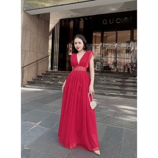 Đầm maxi sát nách lưới phồng dự tiệc / Đỏ
