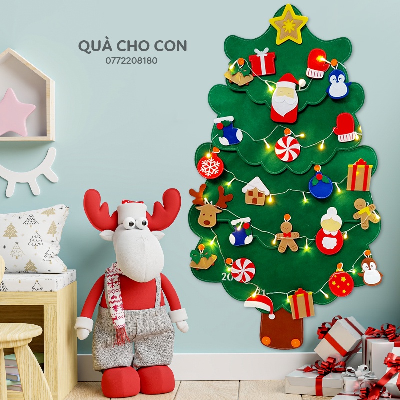 CÂY THÔNG VẢI DẠ TREO TƯỜNG 2 LỚP 30 CHI TIẾT  (tặng kèm dây đèn nhấp nháy)