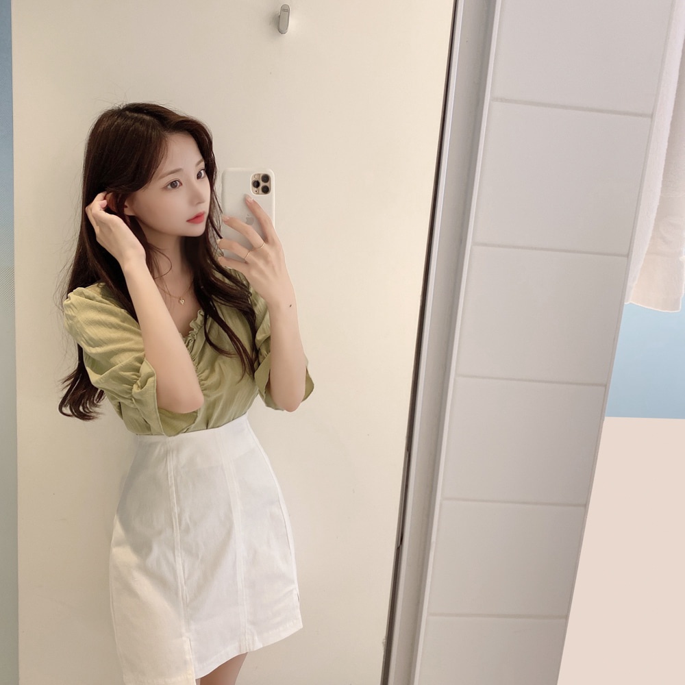 SUXI Áo Sơ Mi Tay Ngắn Cổ Chữ V Màu Sắc Đơn Giản Phong Cách Hàn Quốc