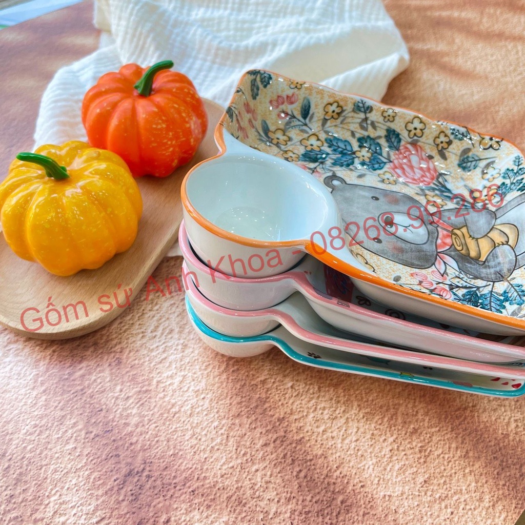 Bát Đĩa sứ Decor Chén Dĩa Sứ Dễ Thương Cute Cao Cấp cực kỳ xinh yêu Đĩa kèm ngăn chấm, trang trí món ăn cực đẹp