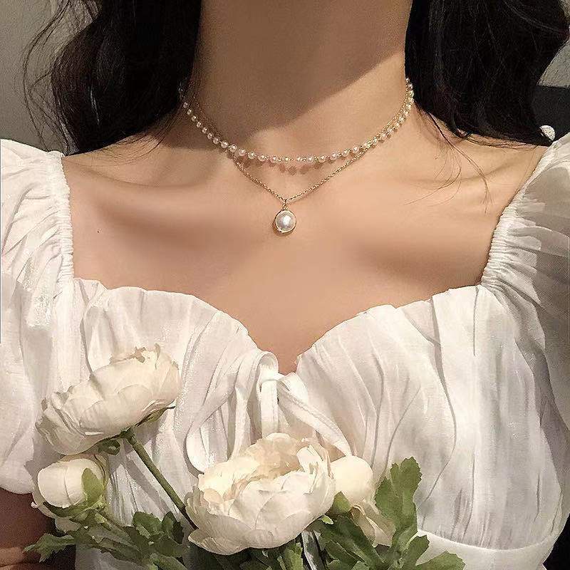 Neon074 Vòng cổ ngọc trai giả sang trọng Mặt dây chuyền giả ngọc trai Dây chuỗi nhân tạo hai lớp thời trang cho nữ cô gái