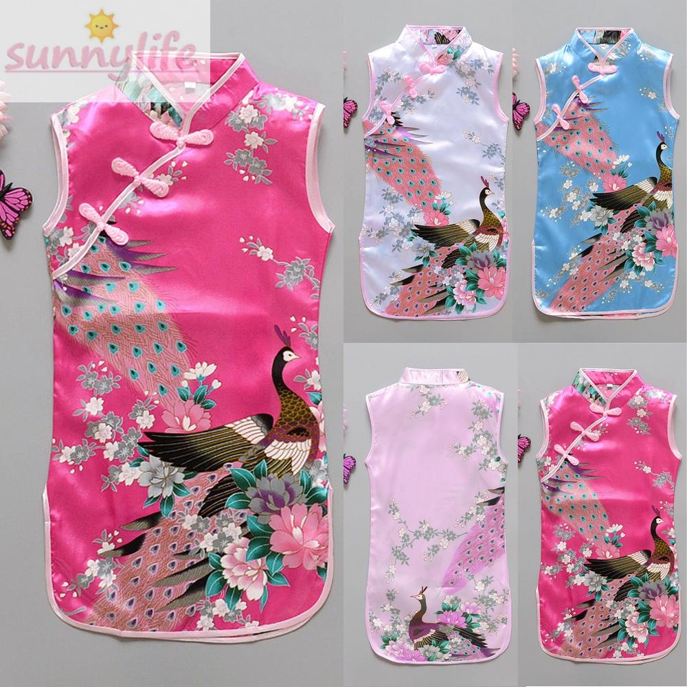 Đầm sườn xám in hình con công dễ thương thời trang cho bé