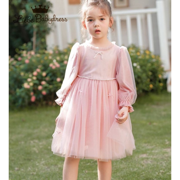 Đầm nhung voan công chúa bé gái hồng pastel phấn đính hạt 1-8 tuổi
