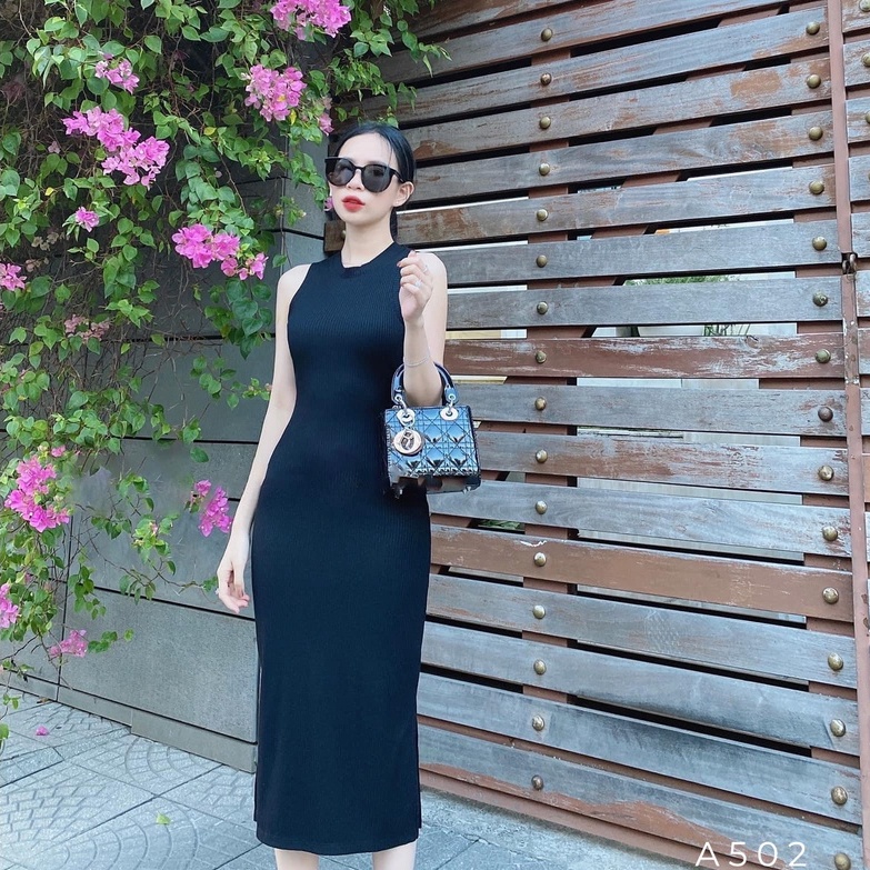 [Ảnh thật] Đầm body thun gân xẻ tà