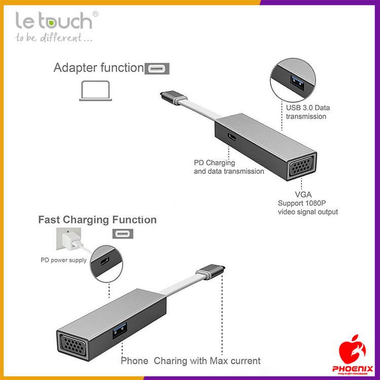 Cáp USB Type C VGA/USB 3.0 Adapter Hub with Power Delivery Letouch ( Xám)