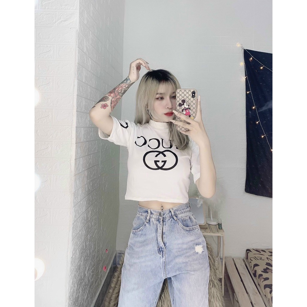 áo kiêu croptop cổ lọ ngắn in chữ gu sang chảnh ảnh thật thun mềm