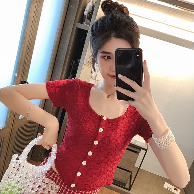Áo dệt kim ngắn tay màu trơn phối cúc tròn thời trang dành cho nữ
