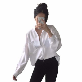Áo sơ mi dáng rộng cổ V cho nữ