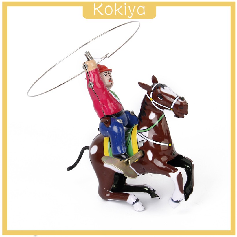 [KOKIYA] Vintage Wind Up Clockwork Tin Toy Cowboy on Horse w/ Whip Lasso Collectible Gift